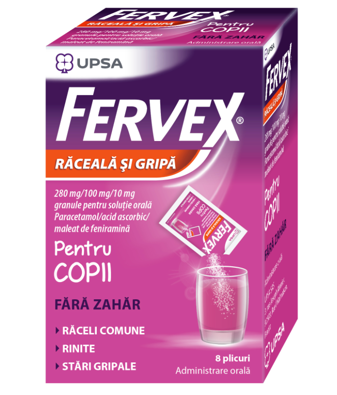 Fervex Raceala si Gripa fara zahar pentru copii, 280mg/100 mg/10 mg, 8 plicuri, Upsa