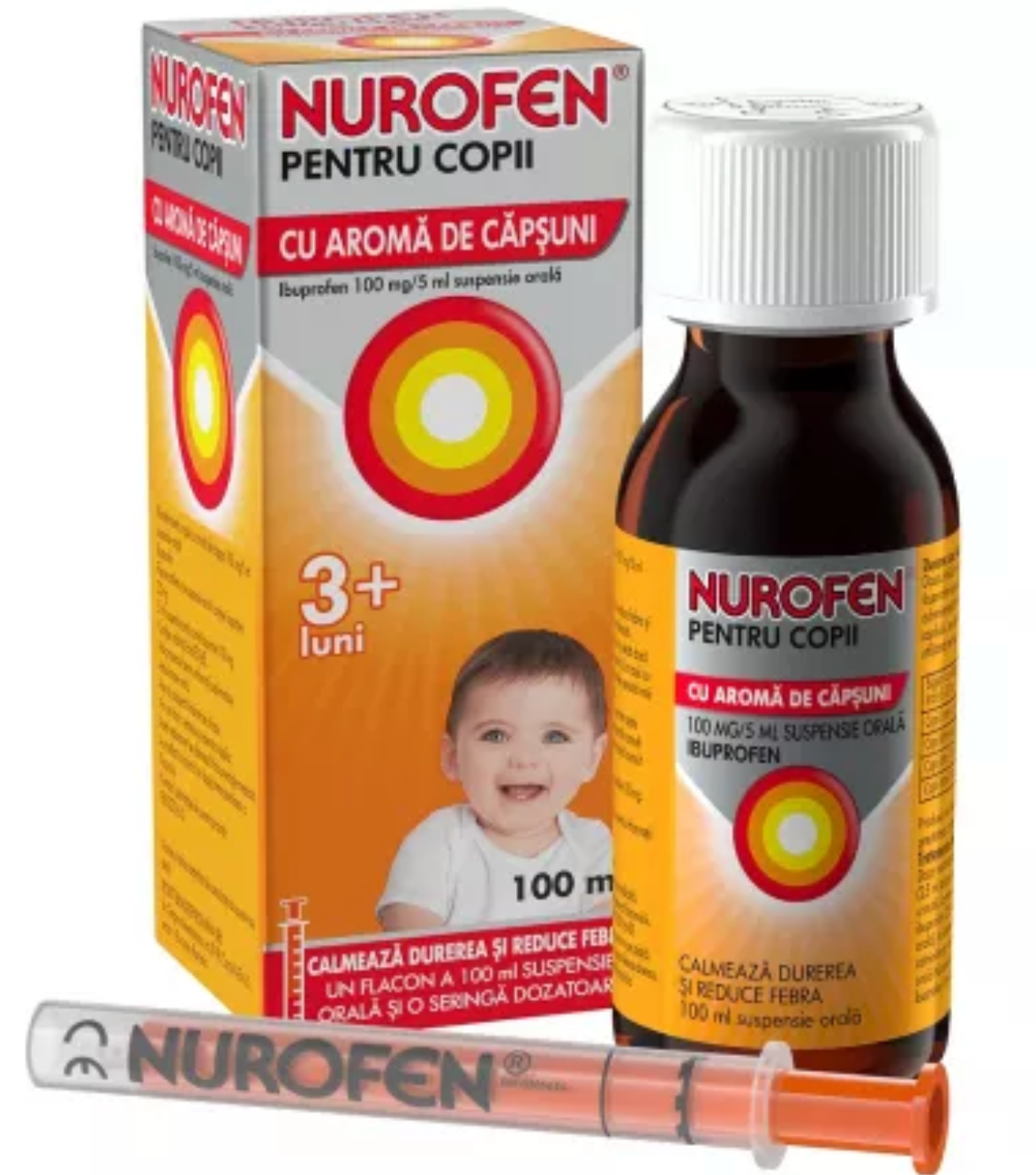 Nurofen sirop cu aroma de capsuni pentru copii 3+ luni, 100 mg/5 ml, 100 ml, Reckitt Benckiser - ibuprofen 100 mg/5 ml, suspensie orala